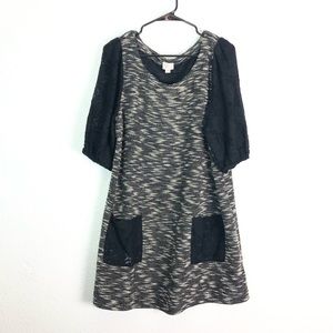 Anthropologie H-915 Tweed Dress Lace Sleeve Black XL